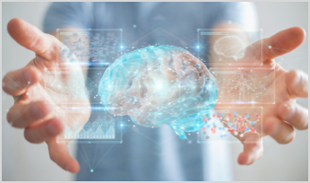 hands holding hologram of a human brain
