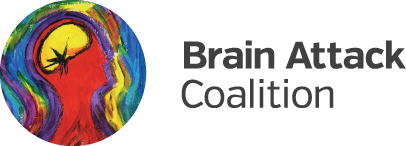 Brain attack coalition logo, a colorful, expressionist rendition of a figure with a stroke site