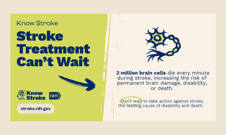 Stroke Treatment Can't Wait Know Stroke infographic states that 2 million brain cells every minute during stroke, increasing the risk of permanent brain damage, disability, or death. Don't wait to take action against stroke, the leading cause of disability and death.