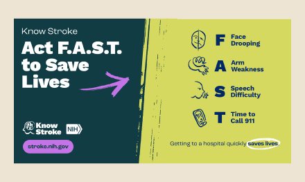 Know Stroke Act F.A.S.T. to Save Lives infographic with signs and symptoms of stroke - Face drooping, Arm weakness, Speech difficulty, and Time to Call 911, encouraging fast action to call for emergency assistance.