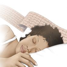 Woman sleeping on pillow with a sleep electroencephalogram (EEG), or sleep study ribbon in the background.