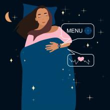 Sleep tracking app graphic showing woman sleeping in bed with dark background and sun, moon, and stars.. Courtesy iStock