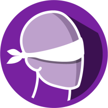 An outlined face and neck wearing a white blindfold enclosed in a purple circle.