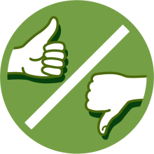 A white thumbs up thumbs down sign separated by a white slash all enclosed in a green circle.